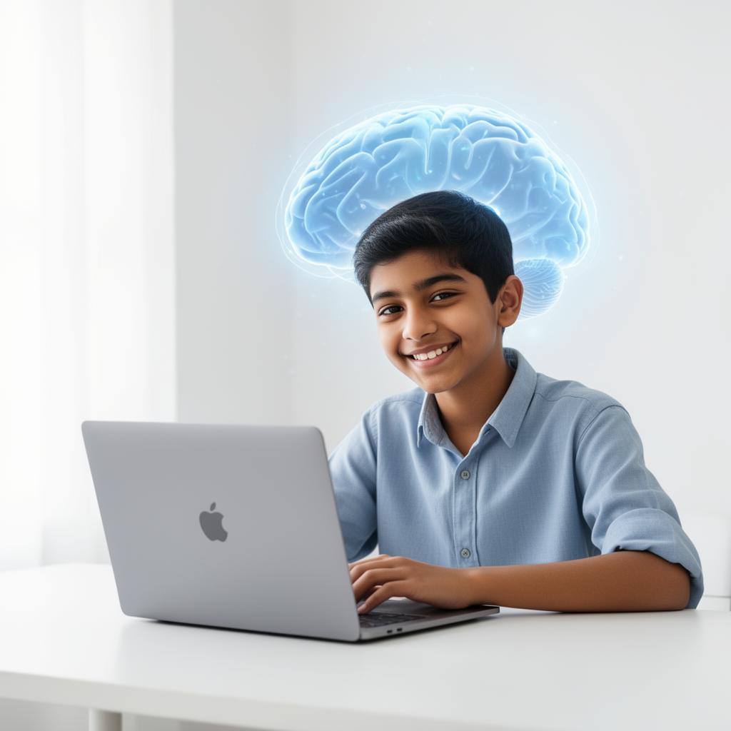 Indian student learning independently with the help of brain-based AI
